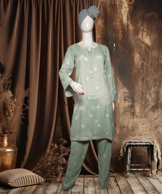 Cotton Silk Embroidered Mint Green