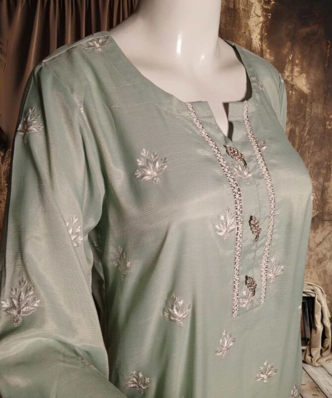 Cotton Silk Embroidered Mint Green