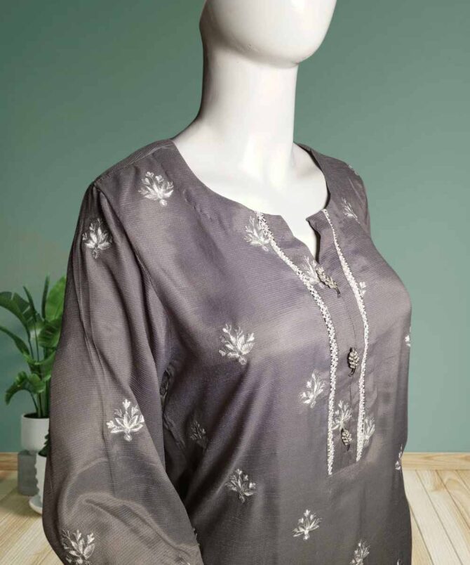 Cotton Silk Embroidered Grey