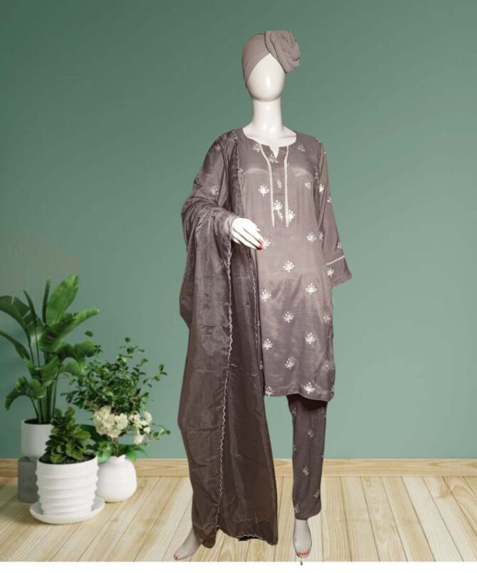 Cotton Silk Embroidered Grey