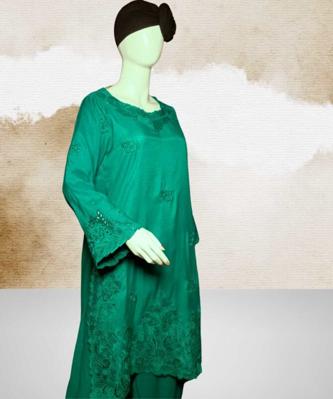 Cotton Silk Cut Work Green