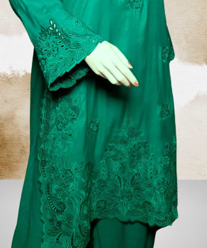 Cotton Silk Cut Work Green