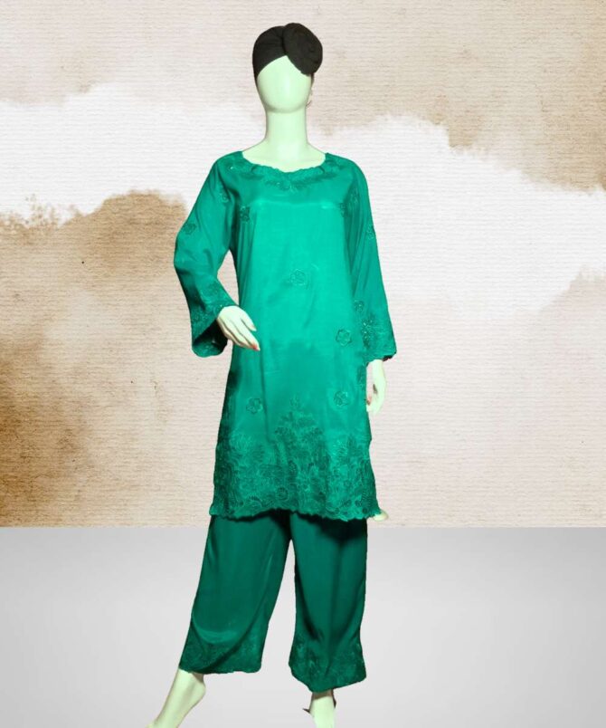 Cotton Silk Cut Work Green